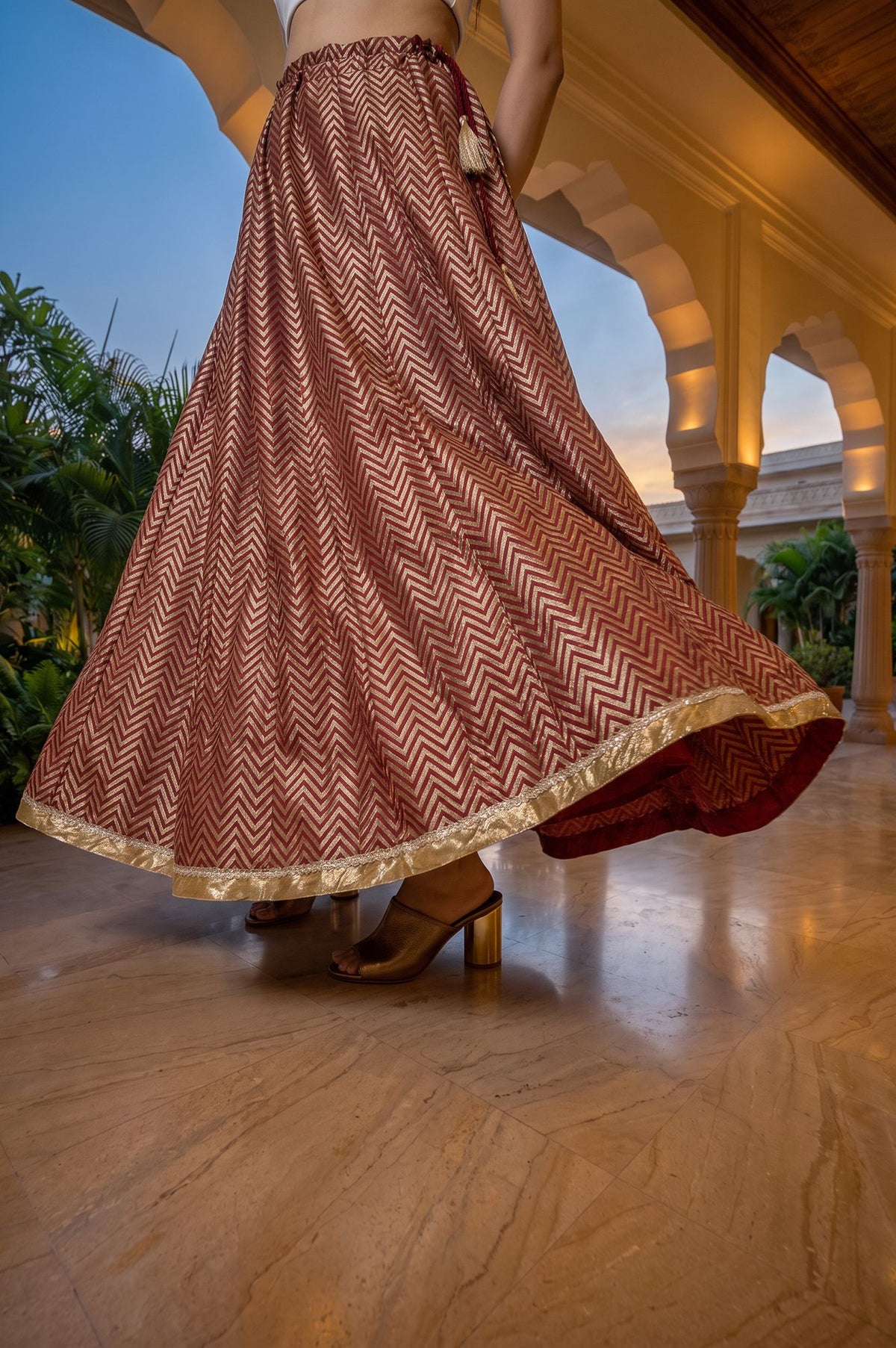 Maroon Foil Printed Flared Ankle Length Skirt