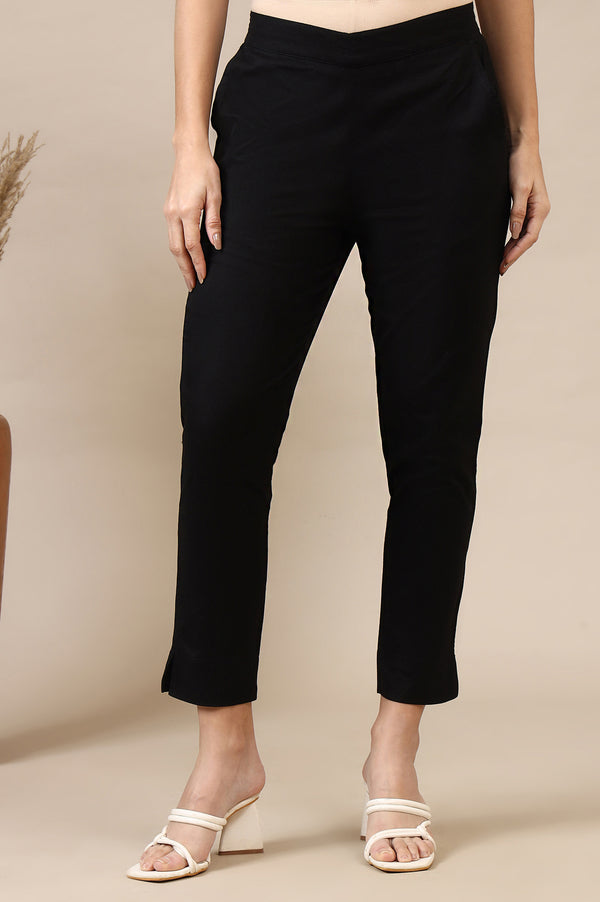 Black Solid Cotton Flax Mid Rise Ankle Length Slim Fit Trouser