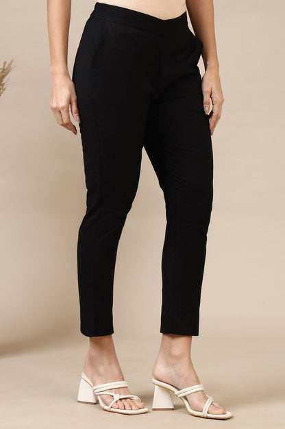 Black Solid Cotton Flax Mid Rise Ankle Length Slim Fit Trouser