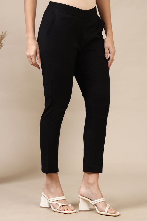 Black Solid Cotton Flax Mid Rise Ankle Length Slim Fit Trouser
