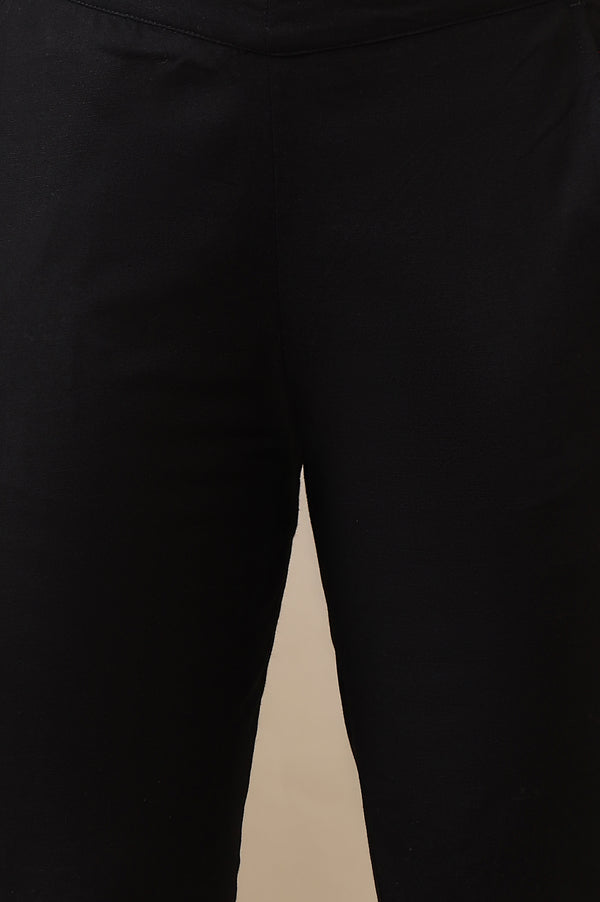 Black Solid Cotton Flax Mid Rise Ankle Length Slim Fit Trouser