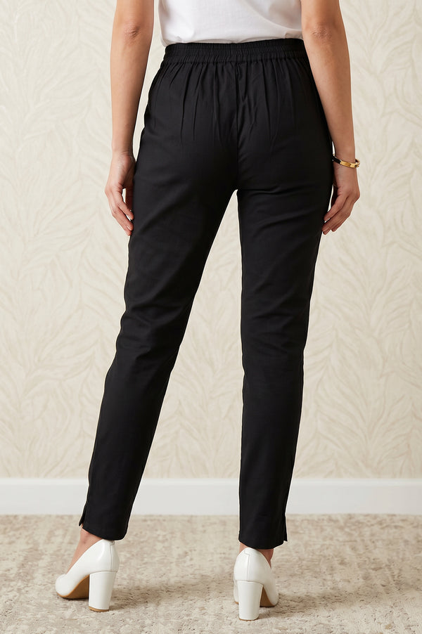 Black Straight Fit Ankle Length Mid Rise Trousers
