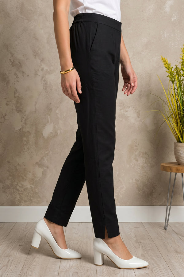 Black Straight Fit Ankle Length Mid Rise Trousers