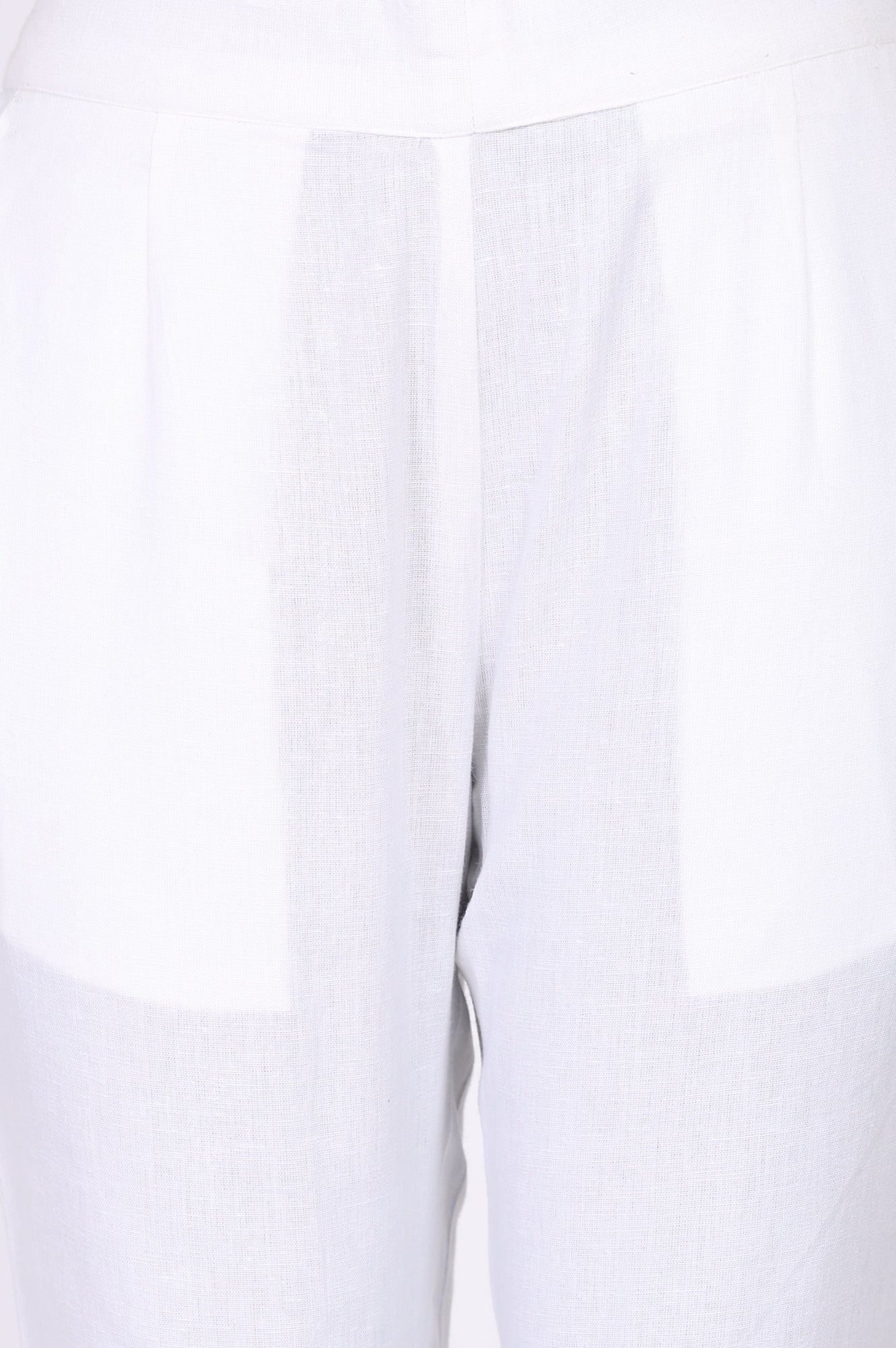 White Solid Cotton Flax Straight Fit Ankle Length Trousers