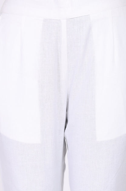 White Solid Cotton Flax Straight Fit Ankle Length Trousers