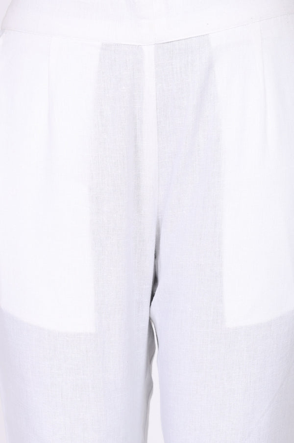 White Solid Cotton Flax Straight Fit Ankle Length Trousers