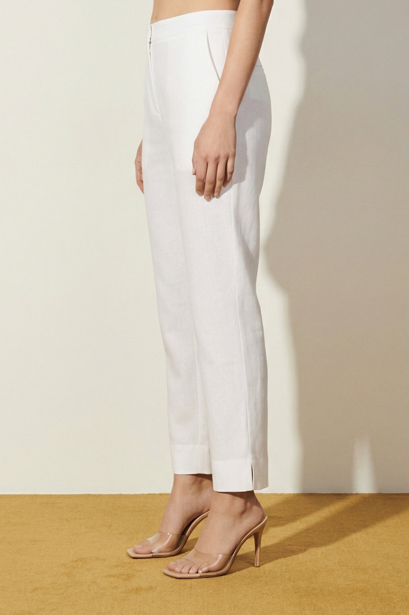 White Solid Cotton Flax Straight Fit Ankle Length Trousers