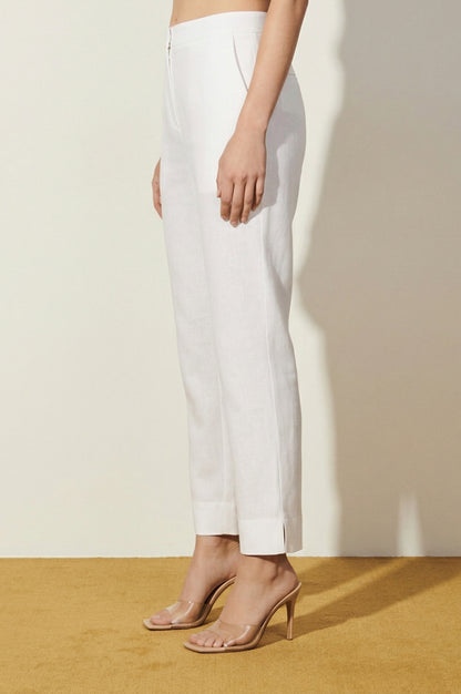White Solid Cotton Flax Straight Fit Ankle Length Trousers
