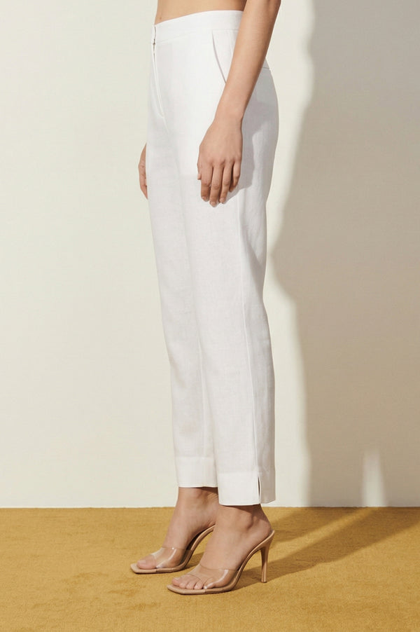 White Solid Cotton Flax Straight Fit Ankle Length Trousers
