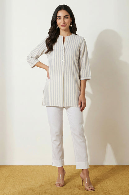 White Solid Cotton Flax Straight Fit Ankle Length Trousers