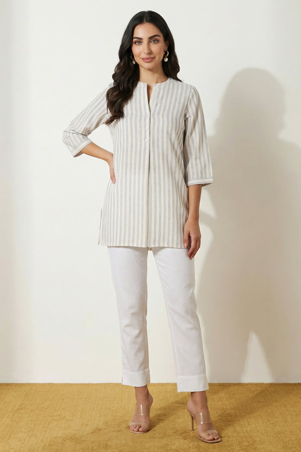 White Solid Cotton Flax Straight Fit Ankle Length Trousers