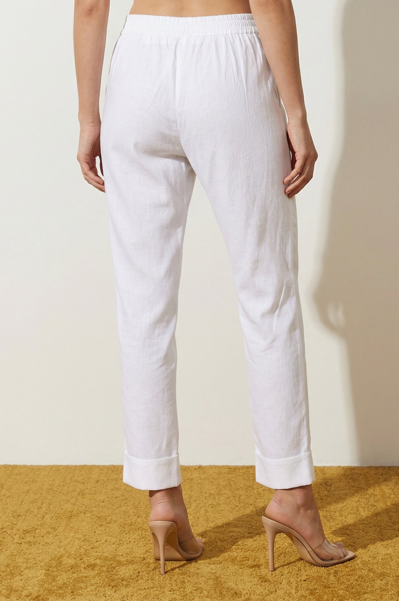 White Solid Cotton Flax Straight Fit Ankle Length Trousers