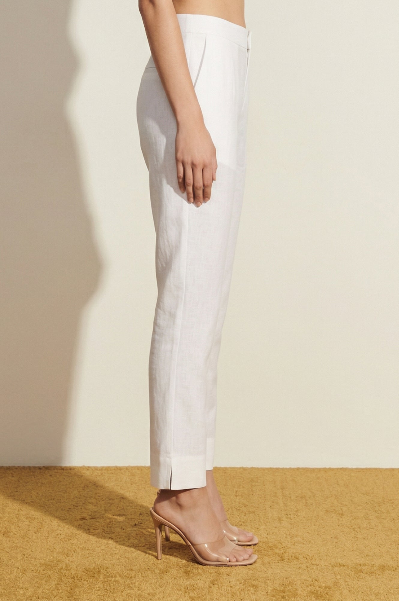 White Solid Cotton Flax Straight Fit Ankle Length Trousers