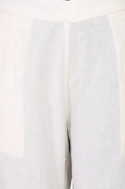Off White Solid Cotton Flax Straight Fit Ankle Length Trousers