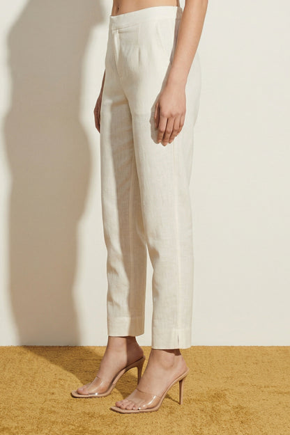 Off White Solid Cotton Flax Straight Fit Ankle Length Trousers