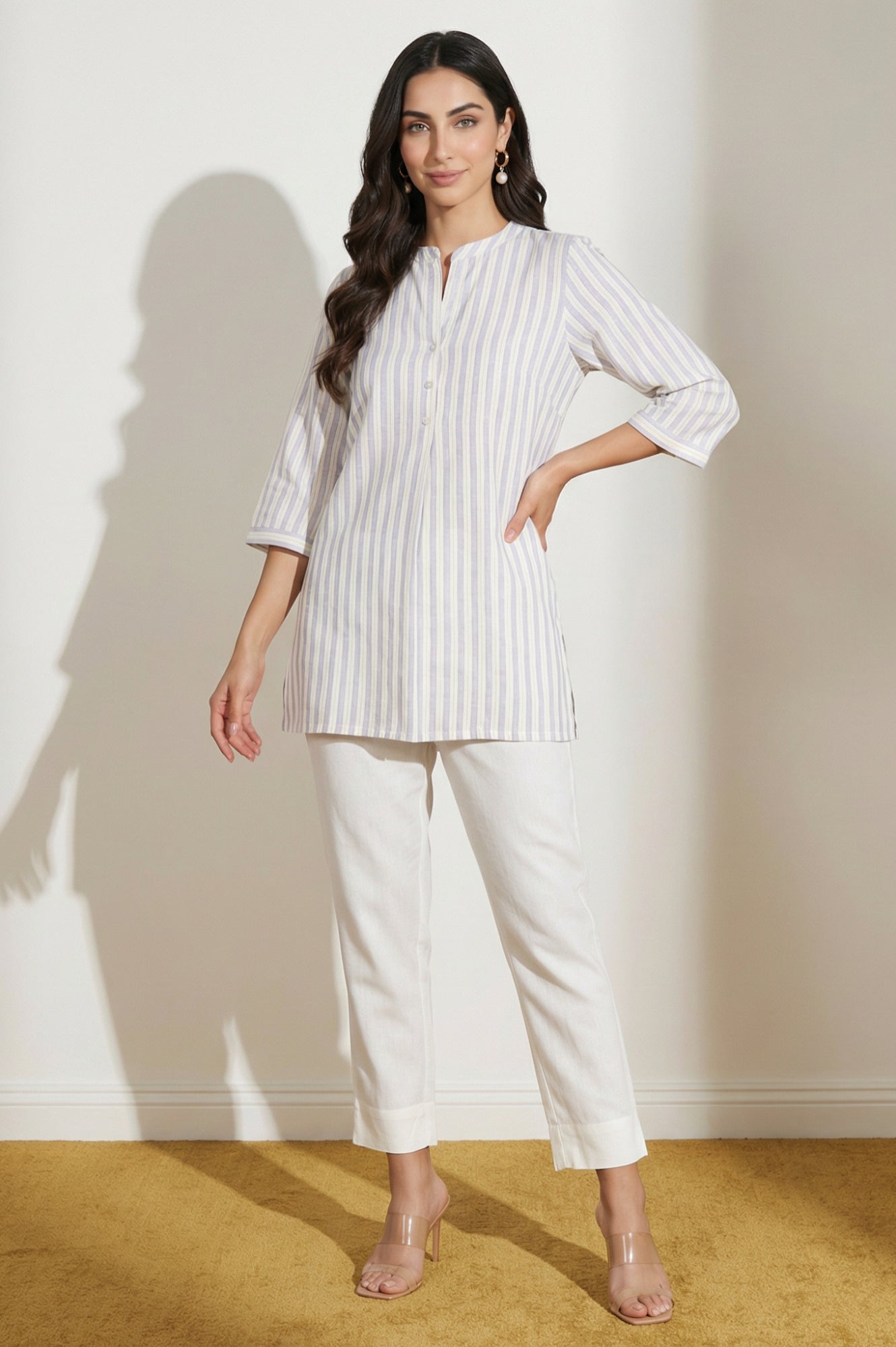 Off White Solid Cotton Flax Straight Fit Ankle Length Trousers