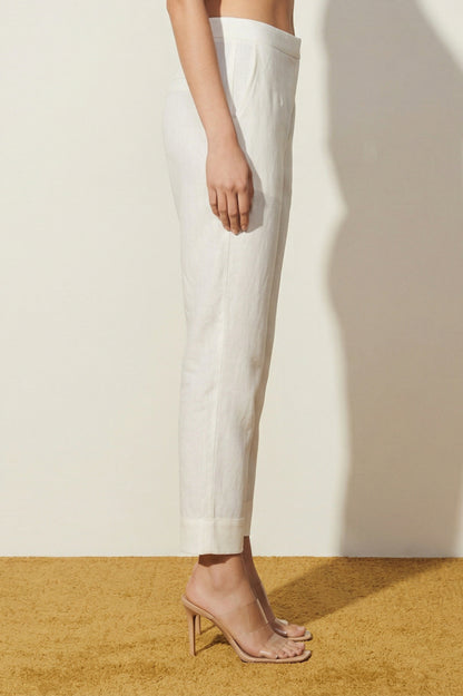 Off White Solid Cotton Flax Straight Fit Ankle Length Trousers