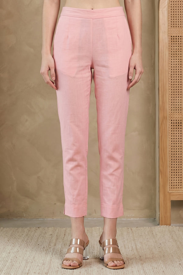 Pink Solid Cotton Flax Tapered Fit Trousers