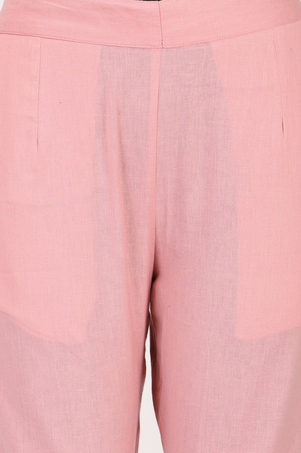 Pink Solid Cotton Flax Tapered Fit Trousers