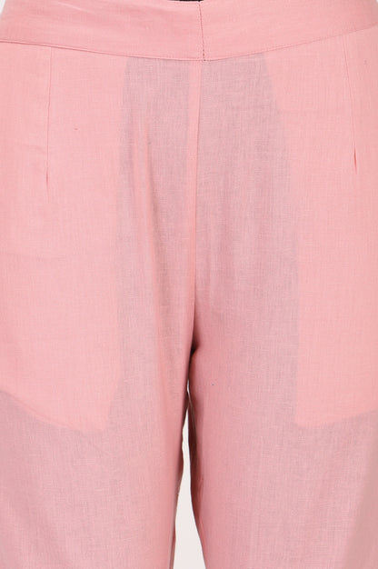 Pink Solid Cotton Flax Tapered Fit Trousers
