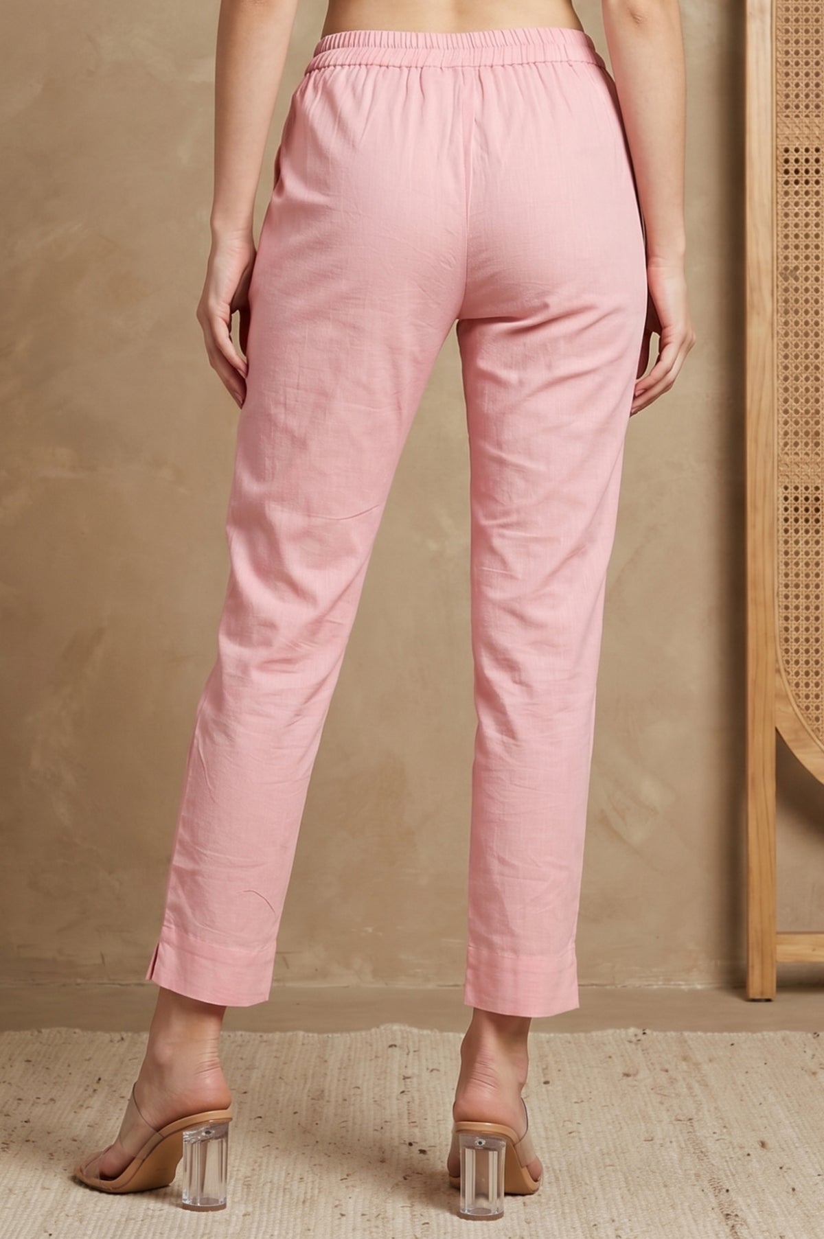 Pink Solid Cotton Flax Tapered Fit Trousers