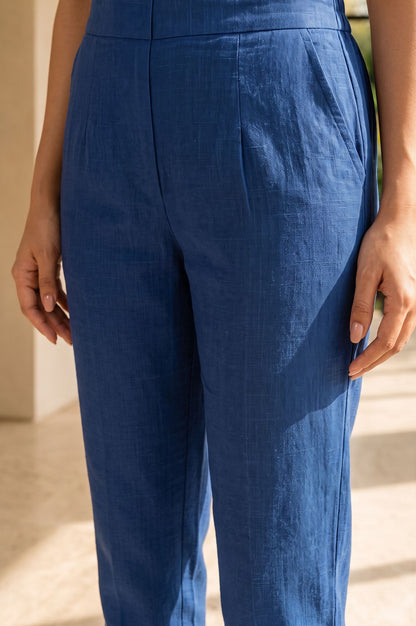 Blue Solid Cotton Straight Fit Ankle Length Mid Rise Trouser