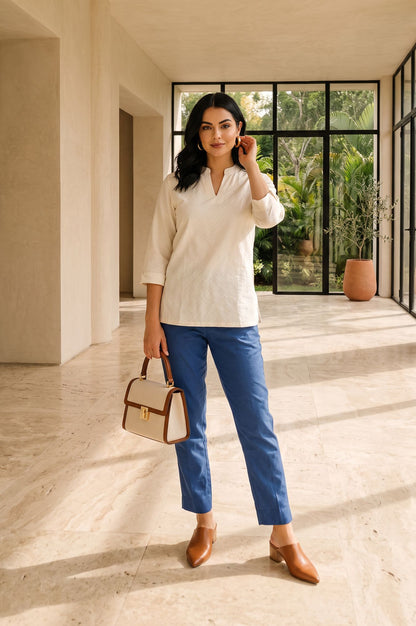 Blue Solid Cotton Straight Fit Ankle Length Mid Rise Trouser