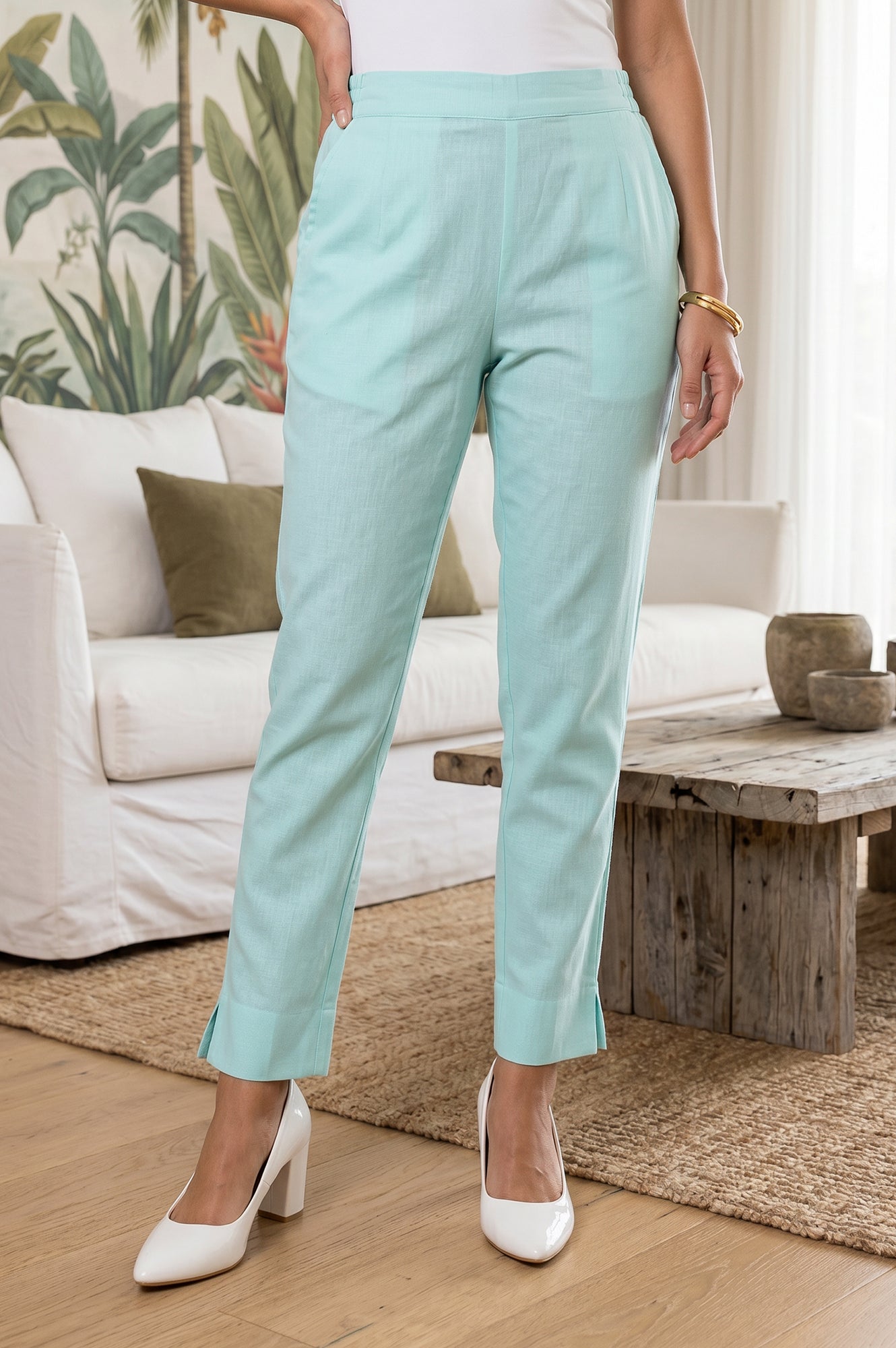 Mint Green Straight Fit Ankle Length Mid Rise Trousers