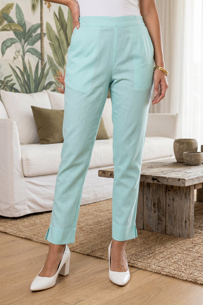 Mint Green Straight Fit Ankle Length Mid Rise Trousers