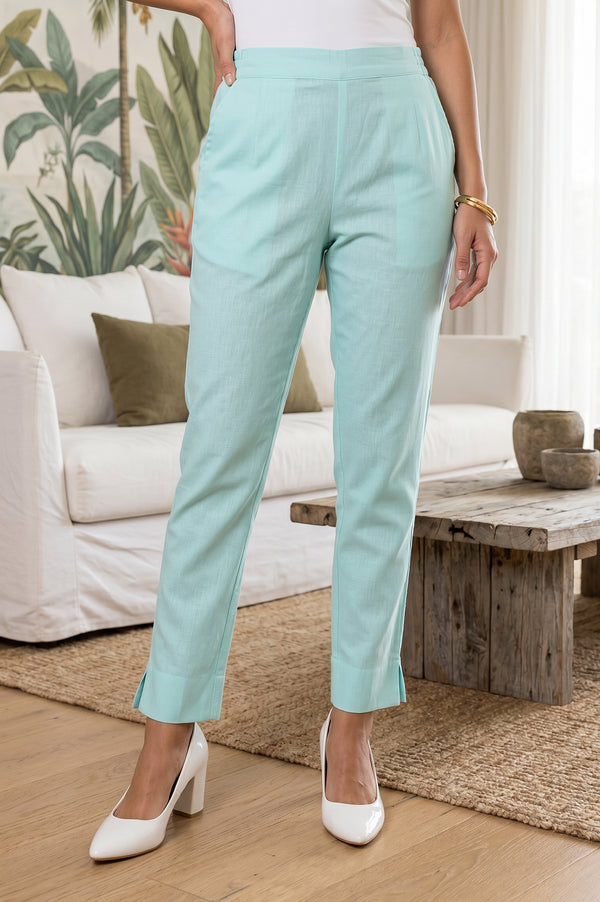 Mint Green Straight Fit Ankle Length Mid Rise Trousers