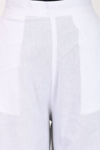 White Solid Cotton Flax Wide Leg Ankle Length High Rise Palazzo