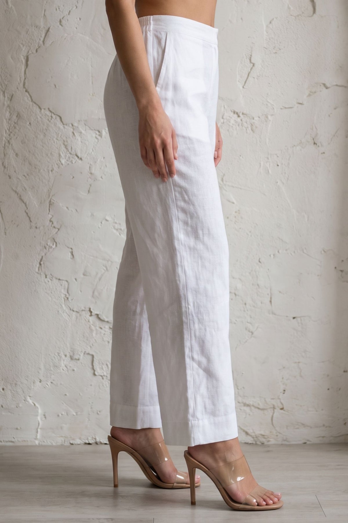 White Solid Cotton Flax Wide Leg Ankle Length High Rise Palazzo