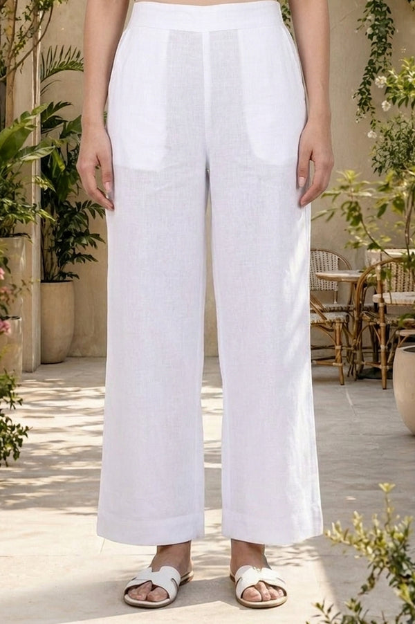 White Solid Cotton Flax Palazzo