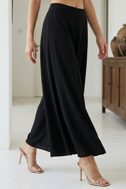 Black Solid Crepe Wide Leg Flared Ankle Length Palazzo