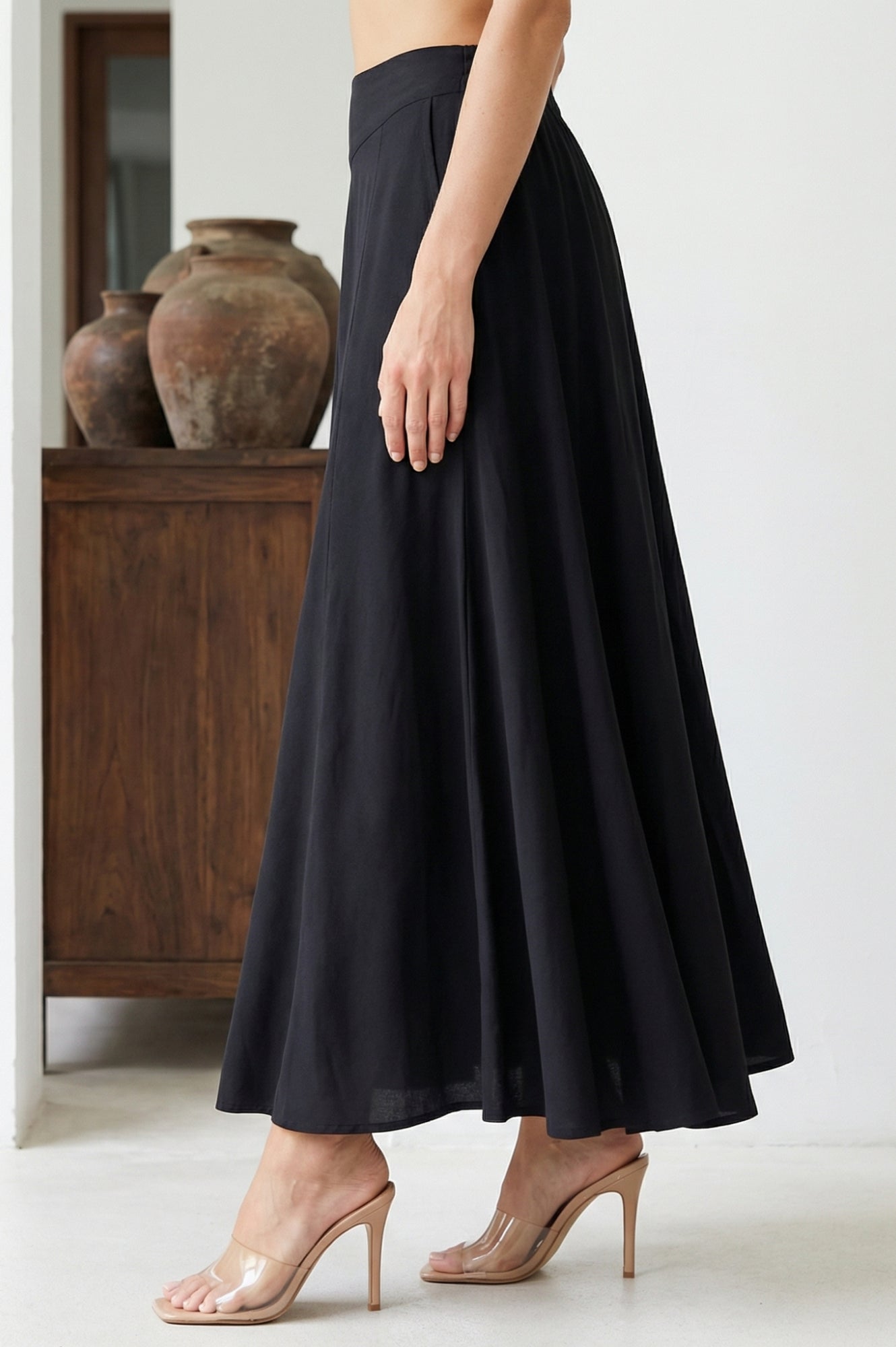 Black Solid Crepe Wide Leg Flared Ankle Length Palazzo