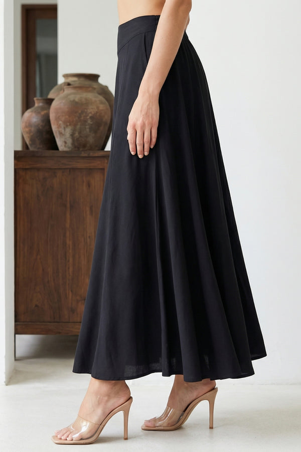 Black Solid Crepe Wide Leg Flared Ankle Length Palazzo