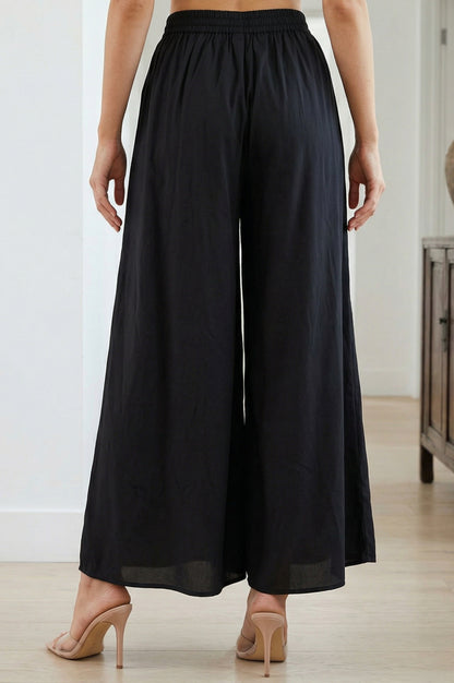 Black Solid Crepe Wide Leg Flared Ankle Length Palazzo
