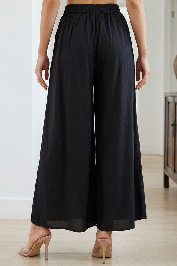 Black Solid Crepe Wide Leg Flared Ankle Length Palazzo