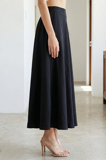 Black Solid Crepe Wide Leg Flared Ankle Length Palazzo