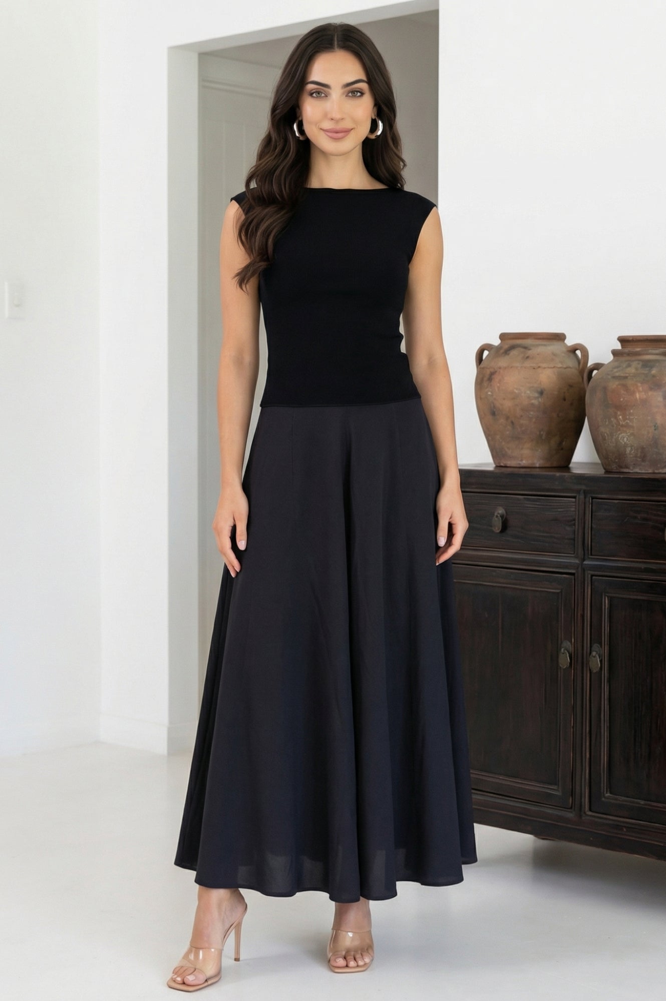 Black Solid Crepe Wide Leg Flared Ankle Length Palazzo