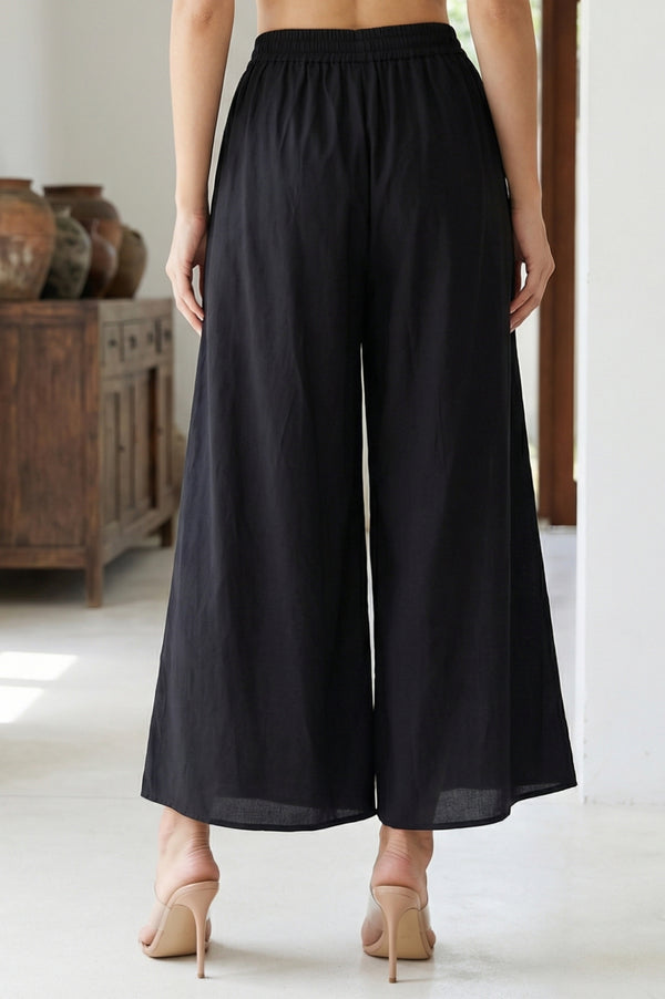 Black Solid Rayon Wide Leg Cullotes