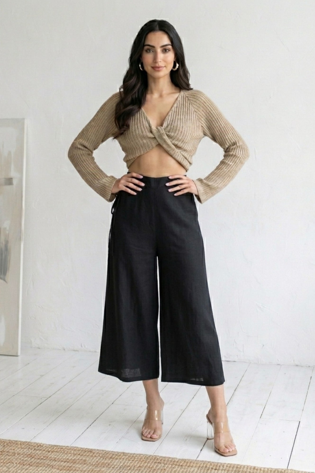 Black Solid Rayon Wide Leg Cullotes