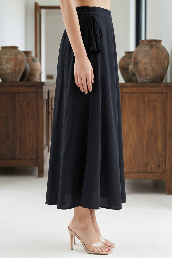 Black Solid Rayon Wide Leg Cullotes
