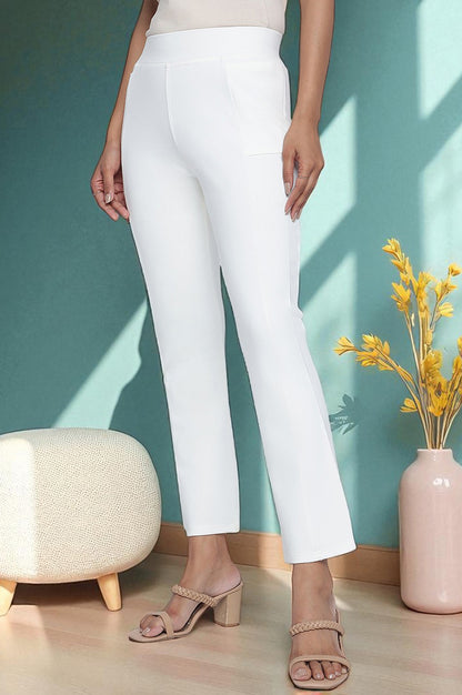 Off White Solid Mid Rise Tights in Ankle Length