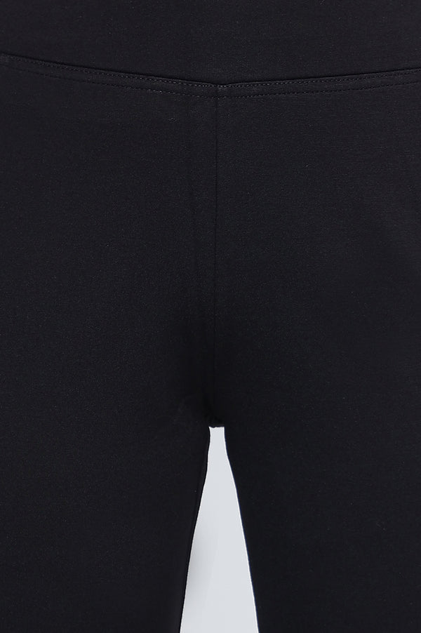 Black Solid Mid Rise Tights in Ankle Length