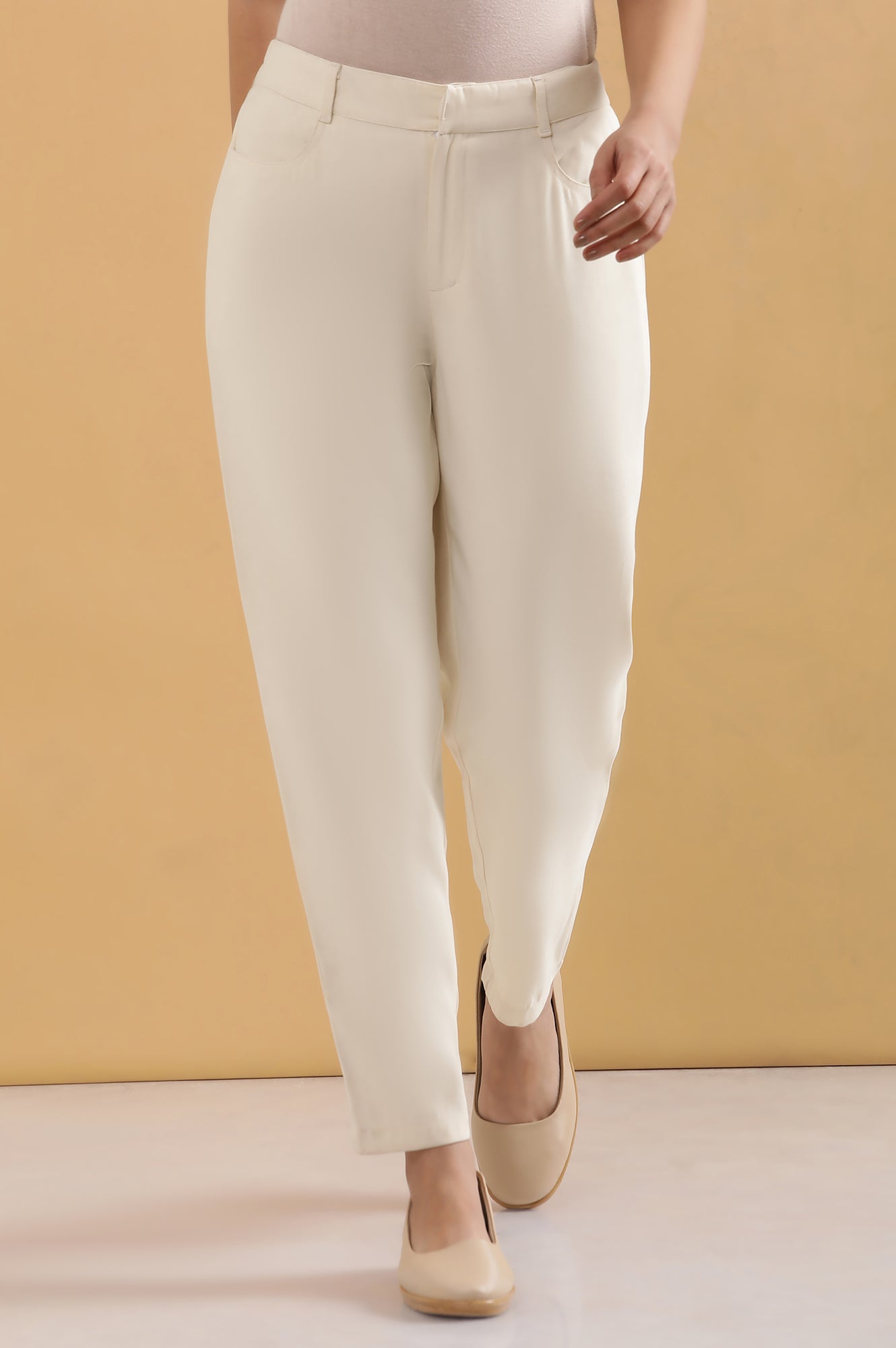 Cream Solid Tapered Rayon Trouser