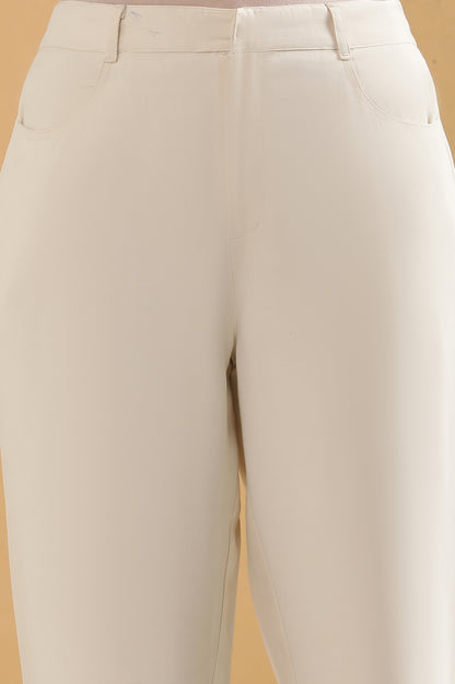 Cream Solid Tapered Rayon Trouser