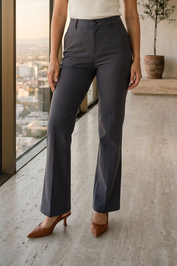 Charcoal Solid Buttons Rayon Straight Fit Ankle Length Pants