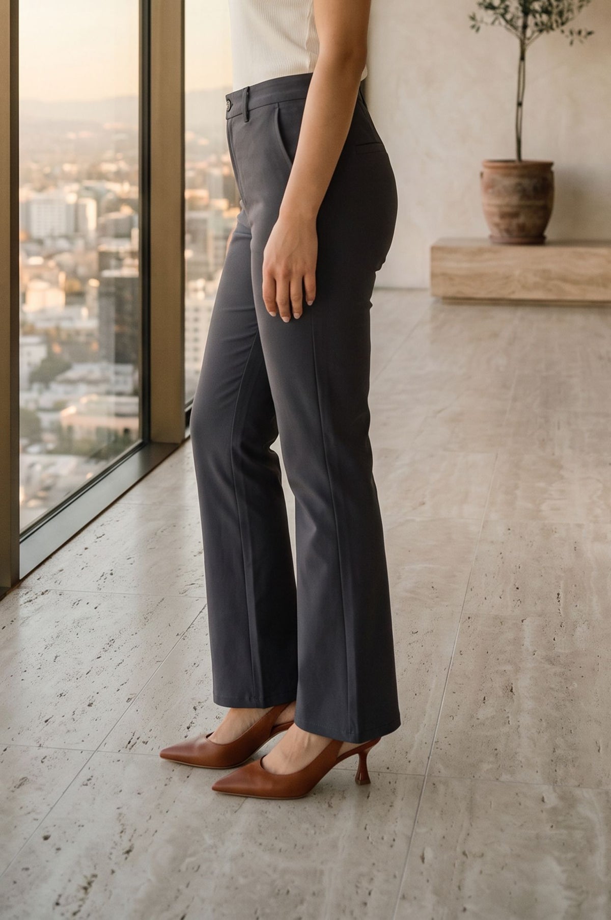 Charcoal Solid Buttons Rayon Straight Fit Ankle Length Pants