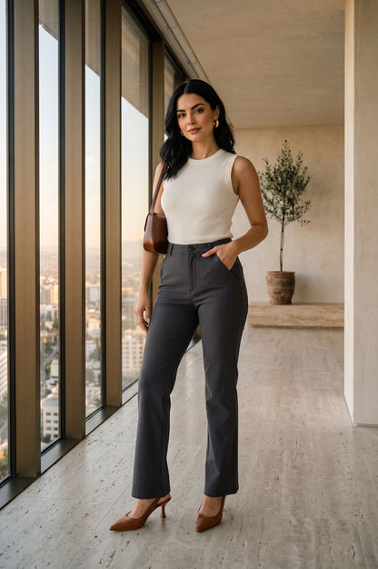Charcoal Solid Buttons Rayon Straight Fit Ankle Length Pants
